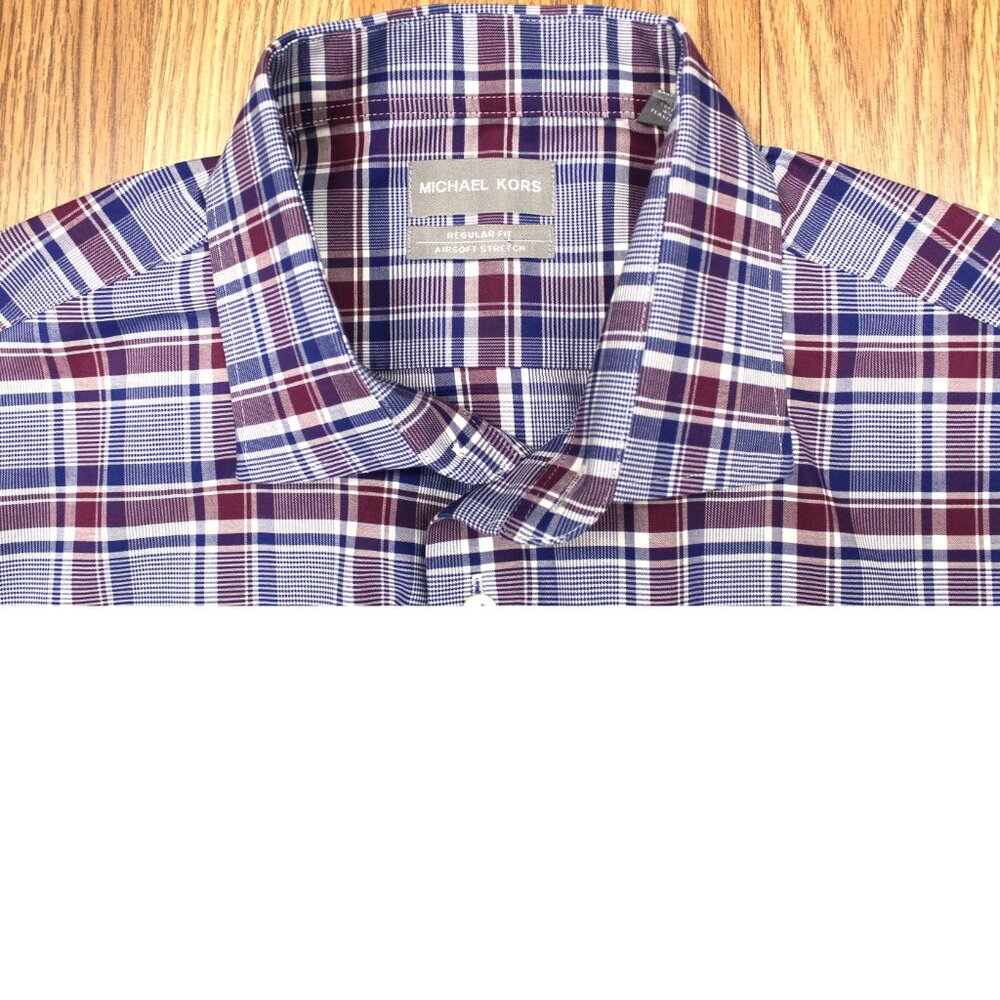 MICHAEL KORS REGULAR FIT COTTON/SPANDEX SHIRT MAROON, DK BLUE & WHITE LARGE, L